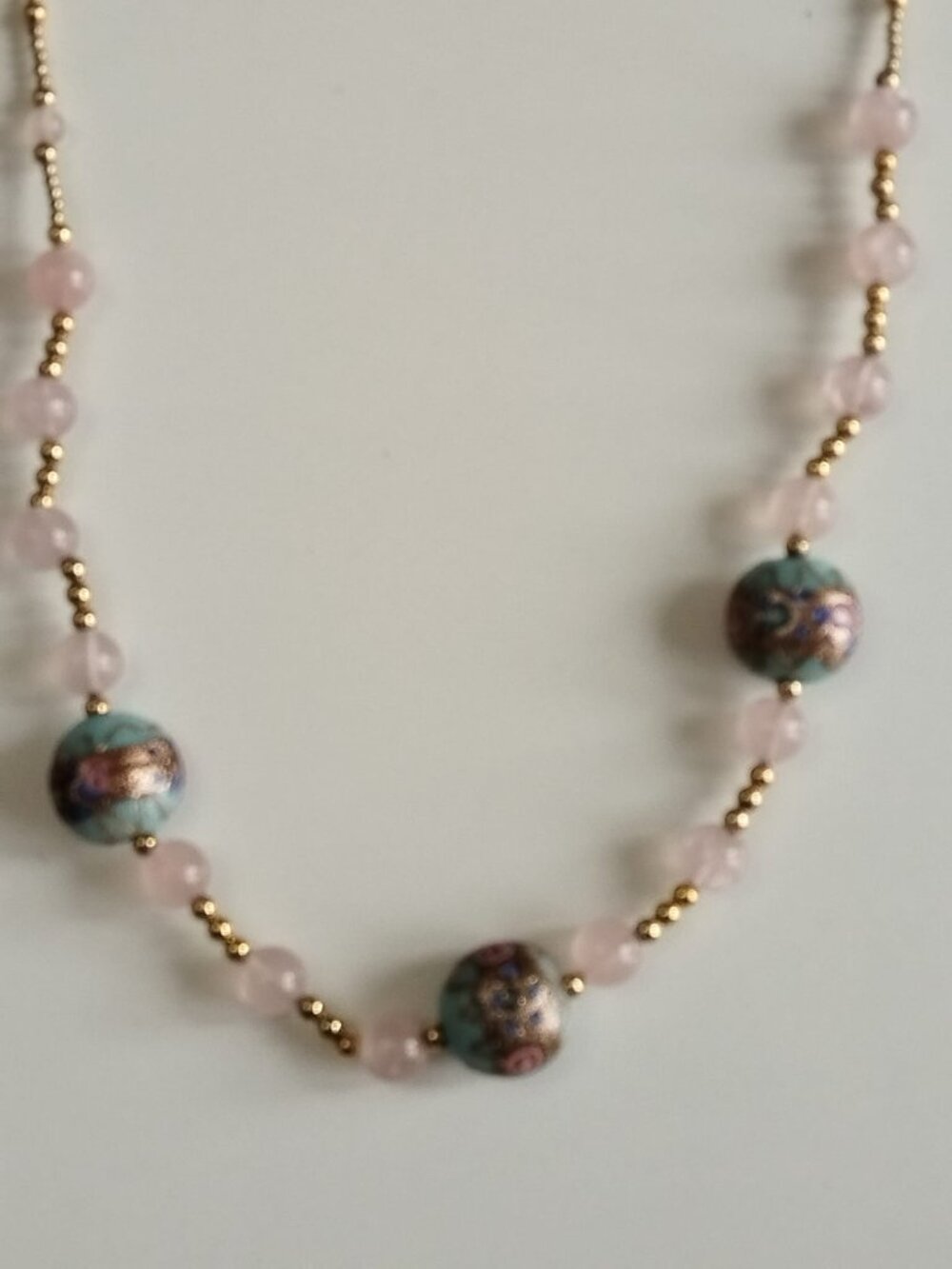 Vintage Murano Venetian Aqua Glass Gold Foil Bead Necklace Rose Quartz Beads - Picture 7 of 15
